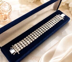Vintage 4 Row Rhinestone Bracelet Silver Tone Prong Set Bridal Old Hollywood